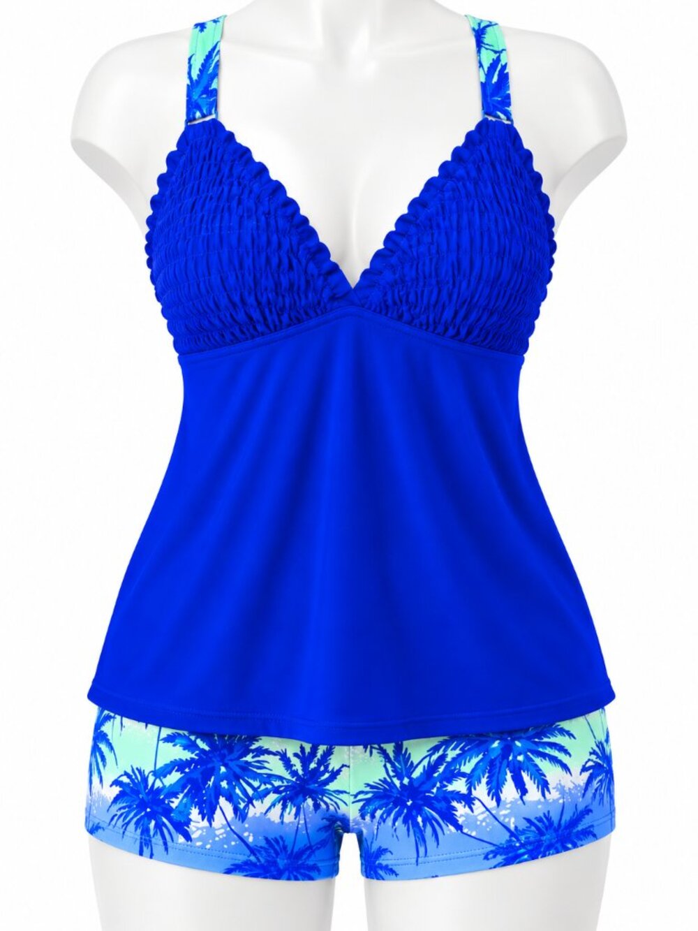 🆕XL Royal Blue Tankini Swimsuit Smocked V Neck Top & Swim Shorts NWOT - Picture 3 of 4